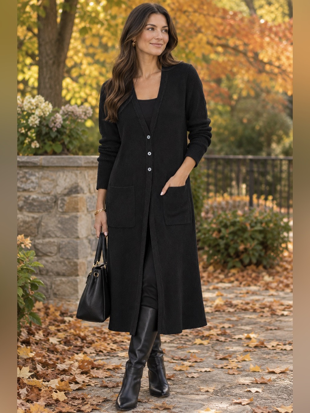 J Jill Black Long Cardigan Duster Ribbed Sweater Bottom Pockets Silk Blend XS